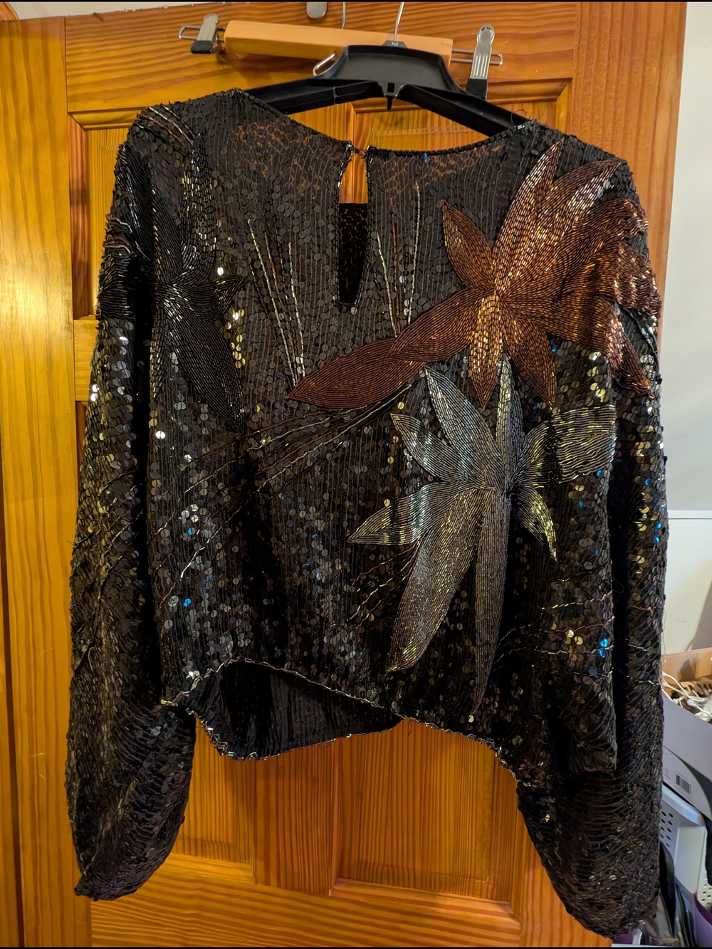 Black Sequin Long-Sleeve Party Top with Metallic Bow Accent - Picture 8 of 8